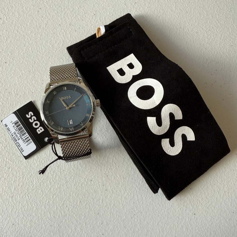 Hugo Boss Men's Blue Textured Calendar Dial Stainless Steel Mesh Watch